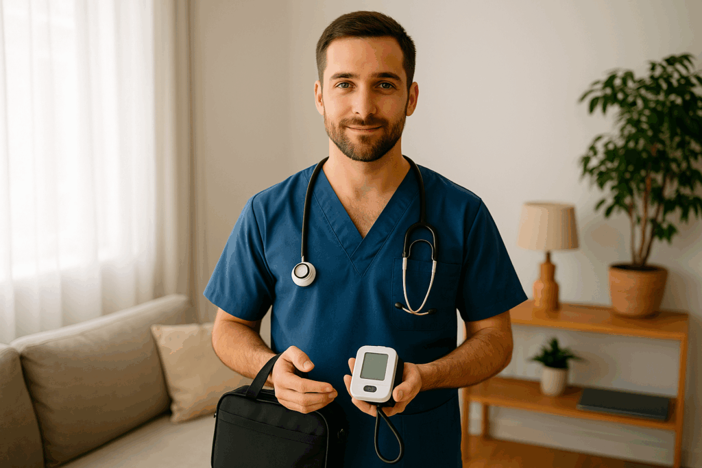 Profesional de la salud con tensiómetro y equipo portátil para atención a domicilio